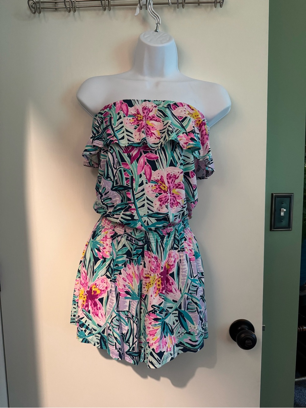 Lilly Pulitzer Floral Strapless Romper in Pink & Green